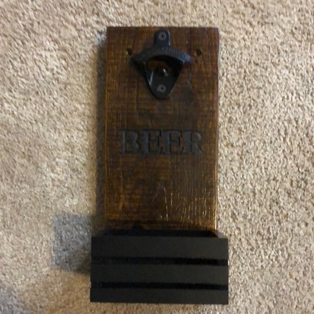 Bottle Opener, Amish Rough Cut Oak Base, Custom Engraved, Man Cave